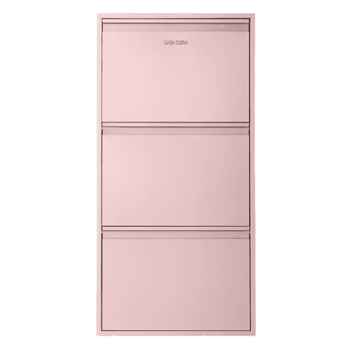 A blush pink steel shoe cabinet closed