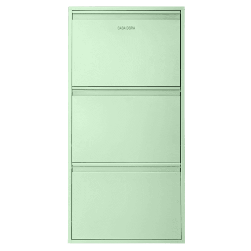 A pastel green steel shoe cabinet closed